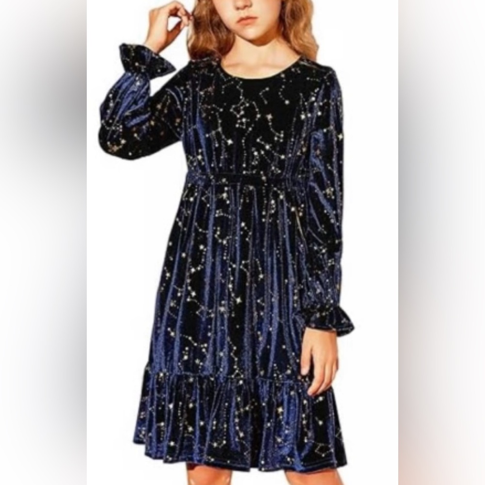 NWT Grace Karin Blue Gold Long Sleeve Dress Celestial Stars Soft Comfy Party Fun